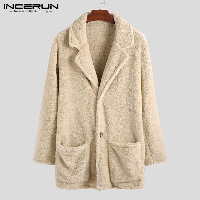 INCERUN Fashion Faux Fleece Men Coats Solid Outerwear Plush Pockets 2019 Long Sleeve Fluffy Overcoat Streetwear Men Jackets 5XL