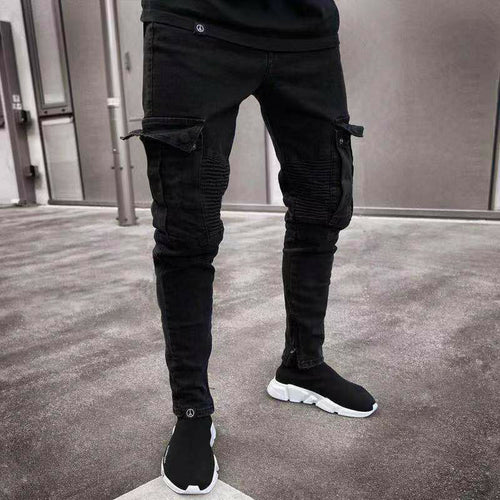 New Fashion Men Skinny Cargo Jeans Long Pant Denim Combat Biker Pocket Stretch Work Trousers Black