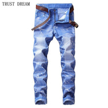 Load image into Gallery viewer, Fashion European Style Men Print Slim Light Blue Denim Pencil Pant Washestoned Man Causal Street Club Personal Plus Size Jeans