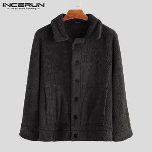 INCERUN Men Fleece Jackets Coats Streetwear Long Sleeve Solid Lapel Outerwear Button Up Fluffy Fashion Winter Plush Overcoats 7