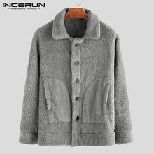 Load image into Gallery viewer, INCERUN Men Fleece Jackets Coats Streetwear Long Sleeve Solid Lapel Outerwear Button Up Fluffy Fashion Winter Plush Overcoats 7