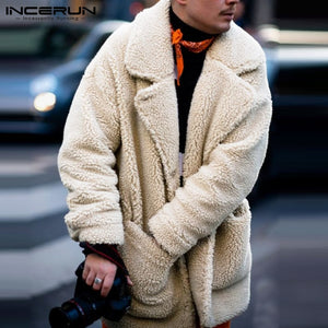 INCERUN Fashion Faux Fleece Men Coats Solid Outerwear Plush Pockets 2019 Long Sleeve Fluffy Overcoat Streetwear Men Jackets 5XL