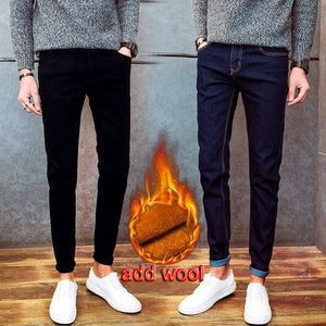 Hot 2020 autumn winter Casual thicken thermal Fleece thermal men's add wool Denim teenagers stretch pencil pants hot men's jeans