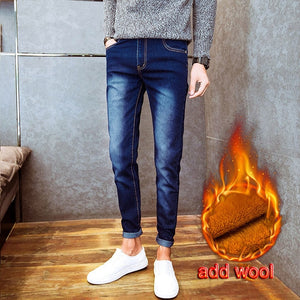 Hot 2020 autumn winter Casual thicken thermal Fleece thermal men's add wool Denim teenagers stretch pencil pants hot men's jeans