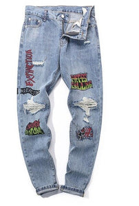 Funny Casual Graffiti Jeans Pants Mens 2019 Harajuku Fashion Streetwear Hole Male Denim Jeans Hip Hop Joggers Workout Trousers