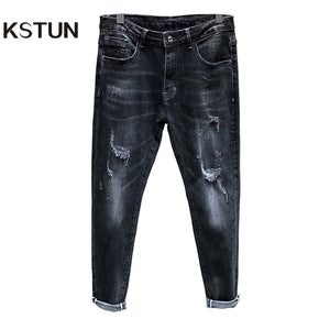 Mens Ripped Jeans Super Skinny Jeans Men Stretch Distressed Streetwear Hip hop Patched Tapered Casual Pants Biker Jeans homme