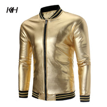 Load image into Gallery viewer, KH New Arrival Gold Bomber Jacket Coat Nightclub Shiny Hip Hop Casual Overcoat Fashion Slim Fit Zipper Baseball Jacket