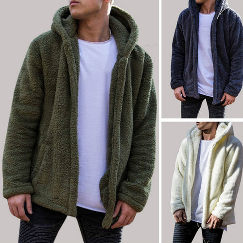 Hirigin Mens Coat Autumn Winter Casual Loose Double-Sided Plush Hoodie Fluffy Fleece Fur Jacket Hoodies Coat Outerwear Dropship