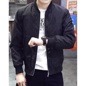 Men Casual Solid Stand Black Zipper Jacket Windproof Baseball Street Jacket Sports Pilot Coat