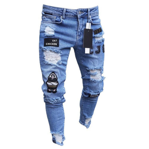 3 Styles Men Stretchy Ripped Skinny Biker Embroidery Print Jeans Destroyed Hole Taped Slim Fit Denim Scratched High Quality Jean