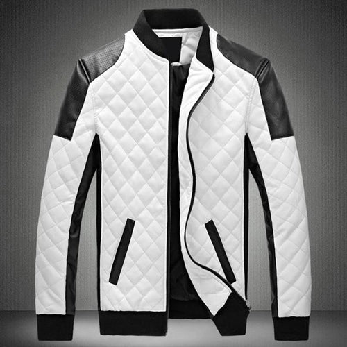 2019 Winter Men's Collar Lingge PU Leather Jacket Black And White Color Matching Large Size Motorcycle Leather